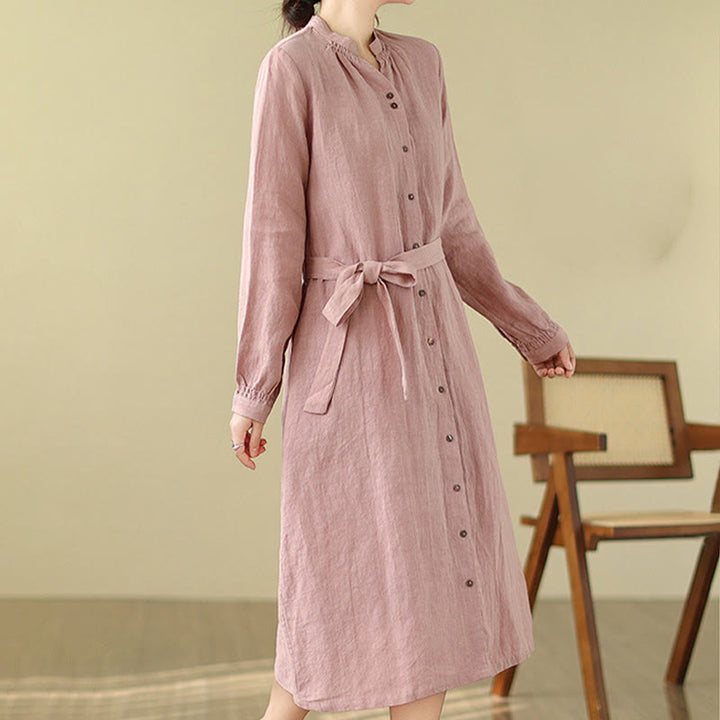 Buddha Stones Casual Plain Drawstring Button Cotton Linen Midi Dress With Pockets - image 4