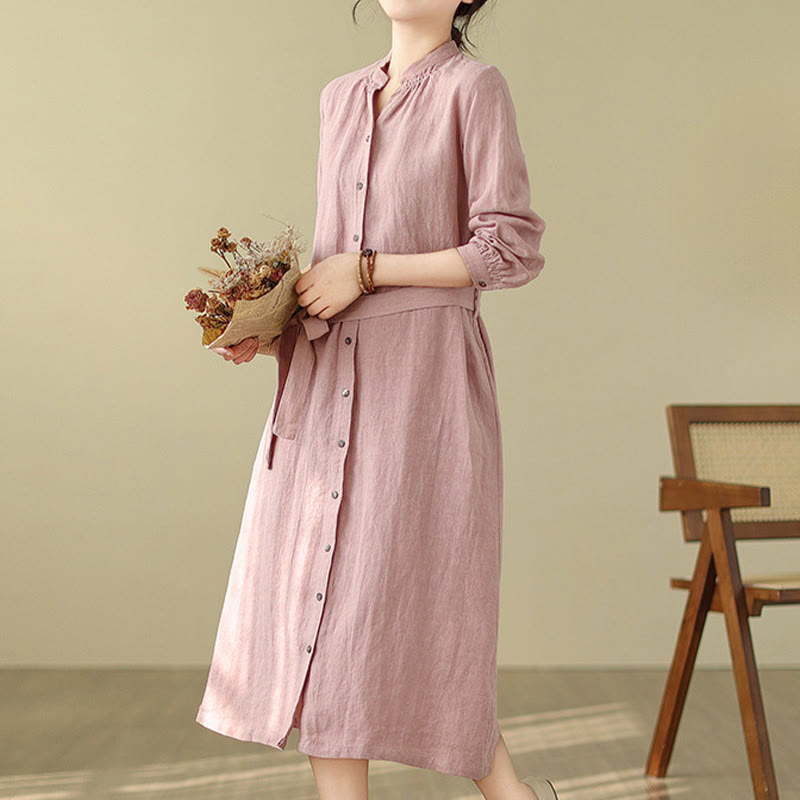 Buddha Stones Casual Plain Drawstring Button Cotton Linen Midi Dress With Pockets - image 6