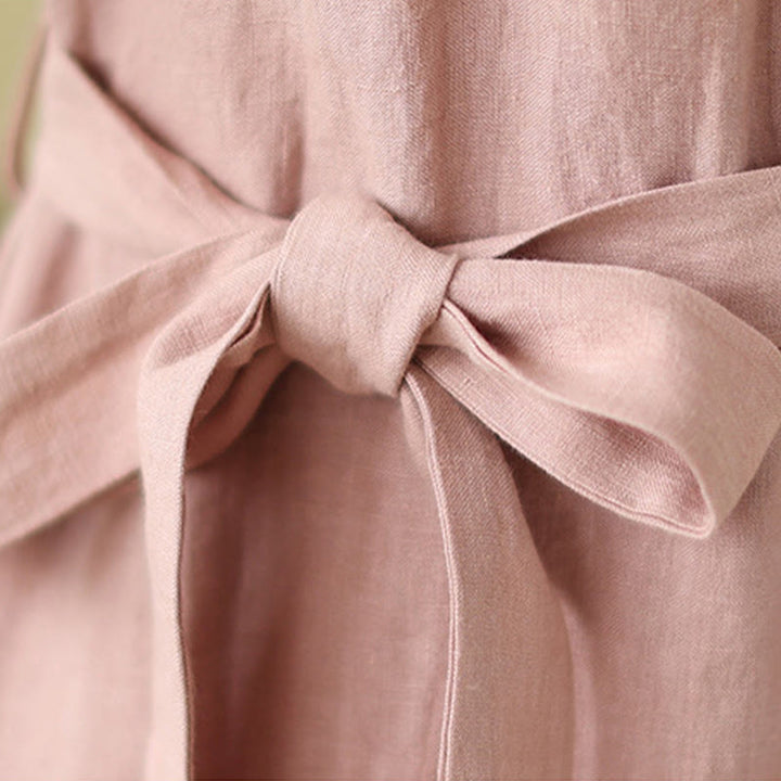 Buddha Stones Casual Plain Drawstring Button Cotton Linen Midi Dress With Pockets - image 11