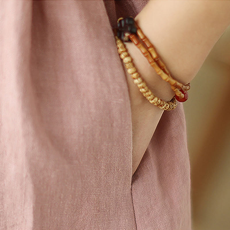 Buddha Stones Casual Plain Drawstring Button Cotton Linen Midi Dress With Pockets - image 9
