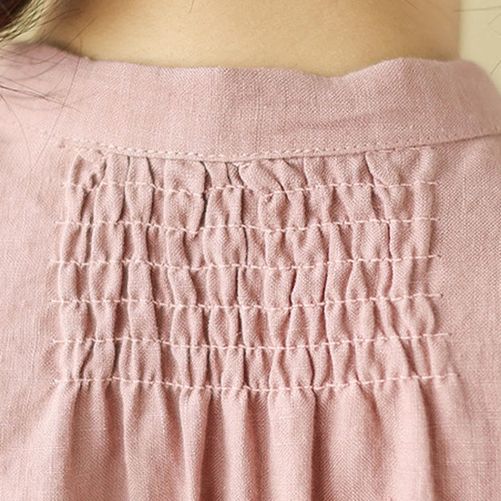Buddha Stones Casual Plain Drawstring Button Cotton Linen Midi Dress With Pockets - image 12