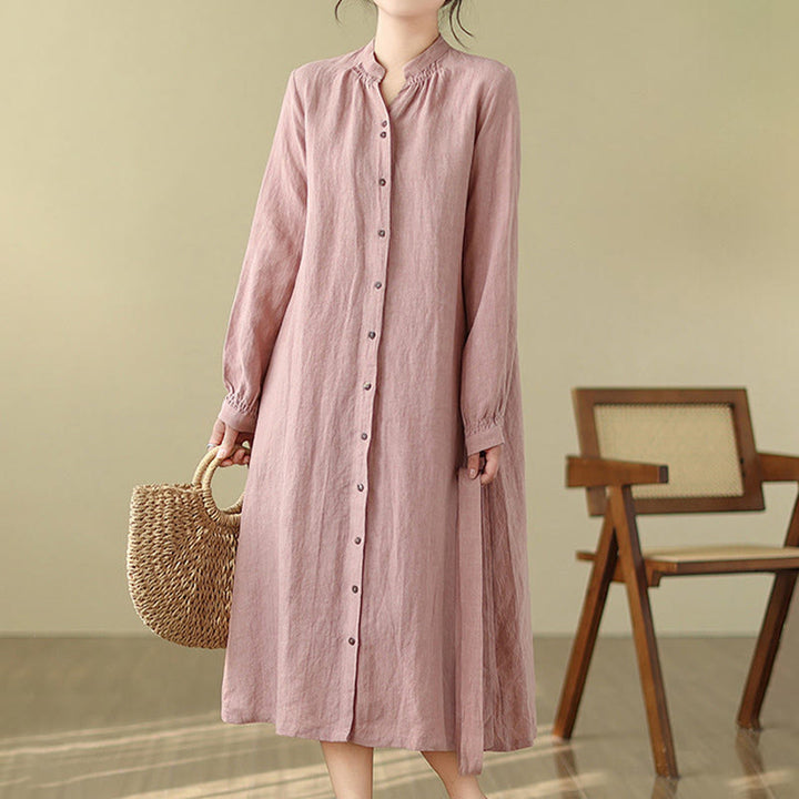 Buddha Stones Casual Plain Drawstring Button Cotton Linen Midi Dress With Pockets - image 3