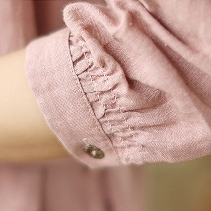 Buddha Stones Casual Plain Drawstring Button Cotton Linen Midi Dress With Pockets - image 10