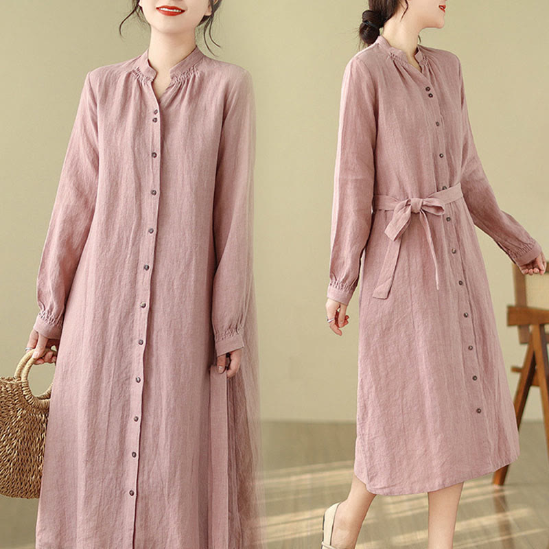 Buddha Stones Casual Plain Drawstring Button Cotton Linen Midi Dress With Pockets - Pink - US14，UK/AU18，EU46 (2XL) - image 1