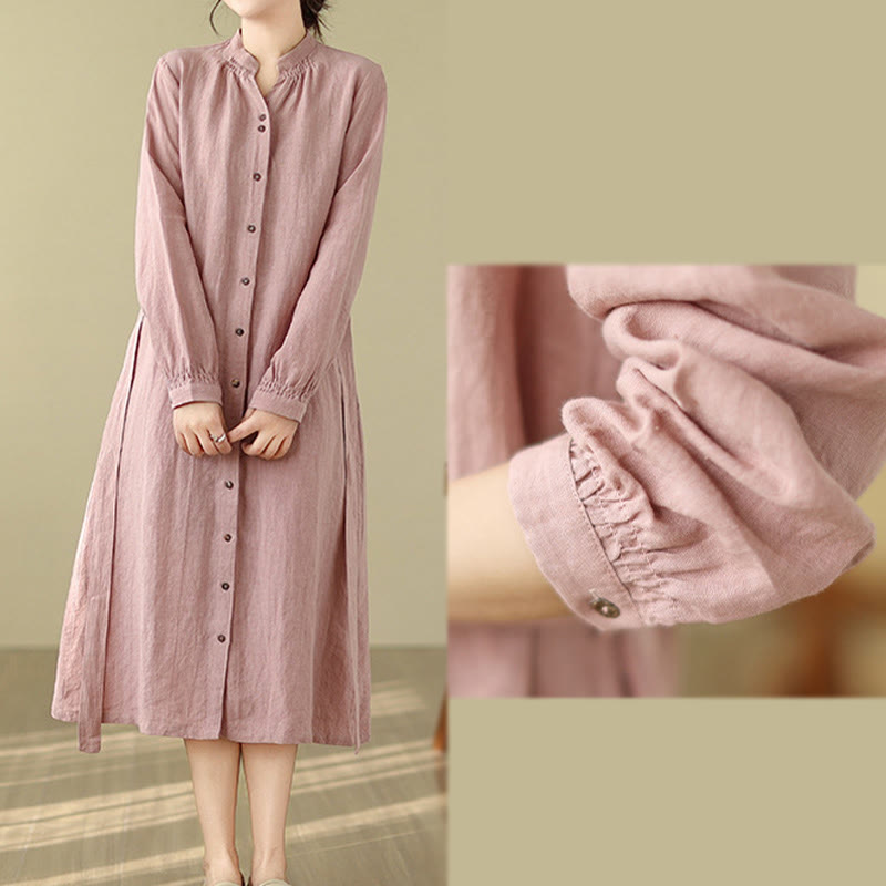 Buddha Stones Casual Plain Drawstring Button Cotton Linen Midi Dress With Pockets - image 7