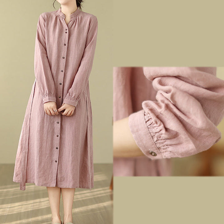 Buddha Stones Casual Plain Drawstring Button Cotton Linen Midi Dress With Pockets - image 7