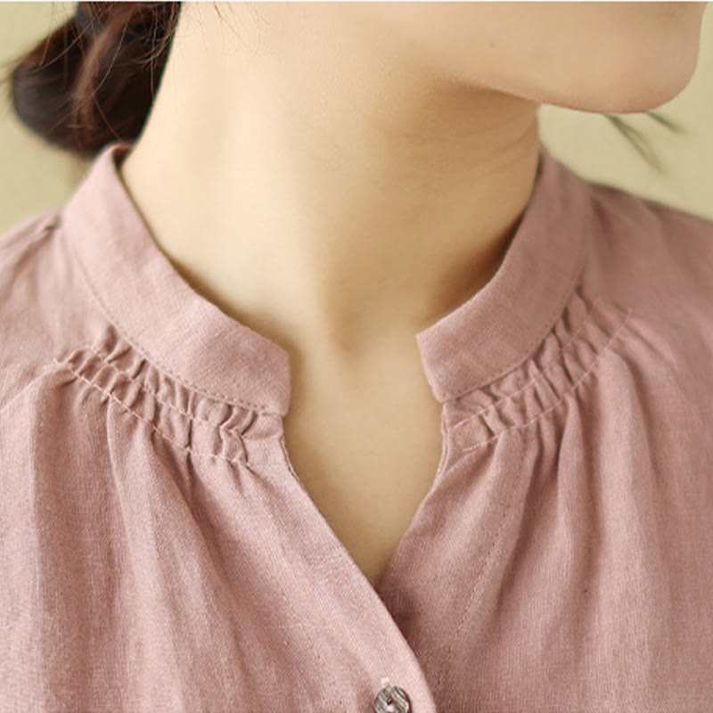 Buddha Stones Casual Plain Drawstring Button Cotton Linen Midi Dress With Pockets - image 8