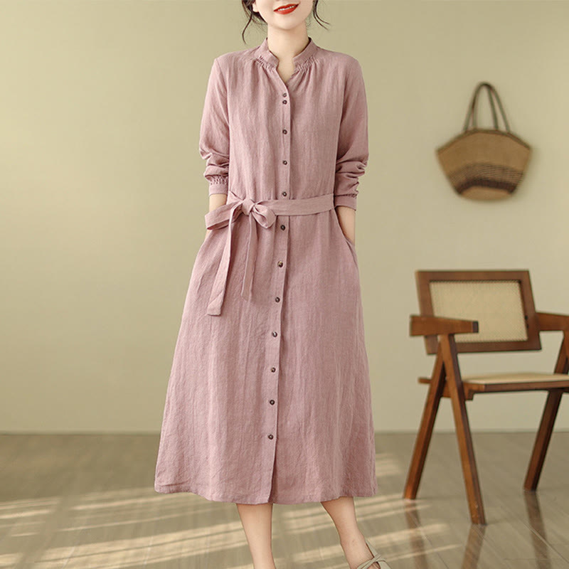 Buddha Stones Casual Plain Drawstring Button Cotton Linen Midi Dress With Pockets - image 5