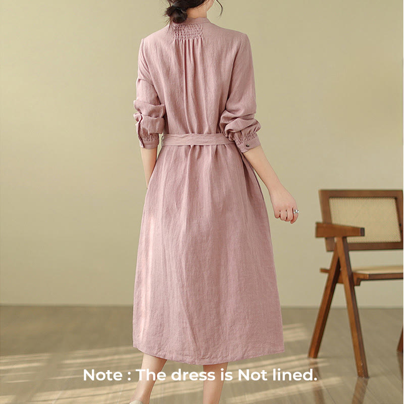 Buddha Stones Casual Plain Drawstring Button Cotton Linen Midi Dress With Pockets - image 2