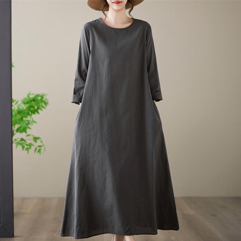 Buddha Stones Casual Plain Crew Neck Cotton Linen Midi Dress With Pockets - DimGray - US14，UK/AU18，EU46 (3XL) - image 1