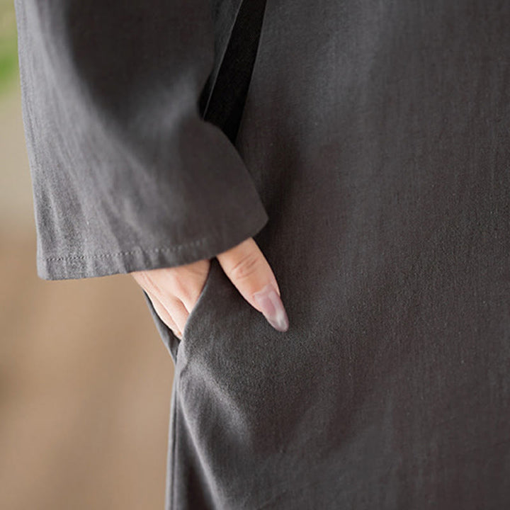 Buddha Stones Casual Plain Crew Neck Cotton Linen Midi Dress With Pockets - image 9