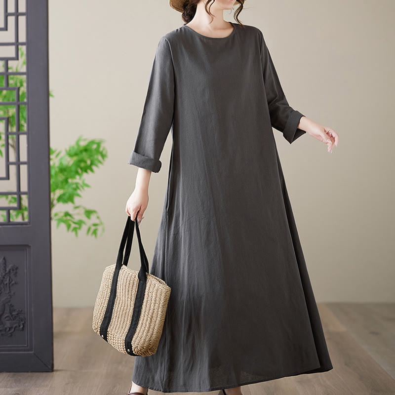 Buddha Stones Casual Plain Crew Neck Cotton Linen Midi Dress With Pockets - image 6