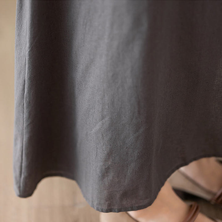 Buddha Stones Casual Plain Crew Neck Cotton Linen Midi Dress With Pockets - image 8