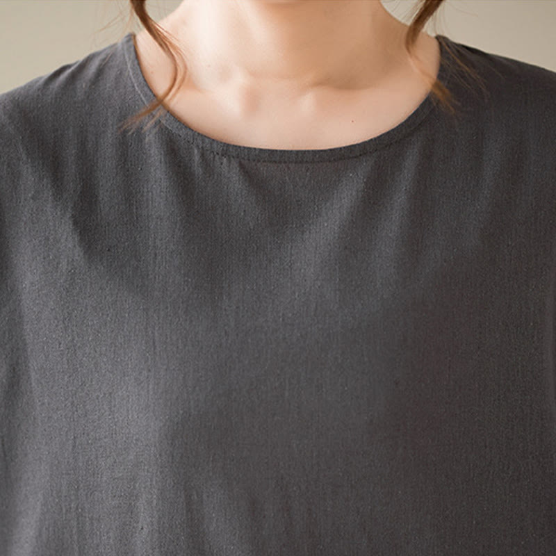 Buddha Stones Casual Plain Crew Neck Cotton Linen Midi Dress With Pockets - image 10