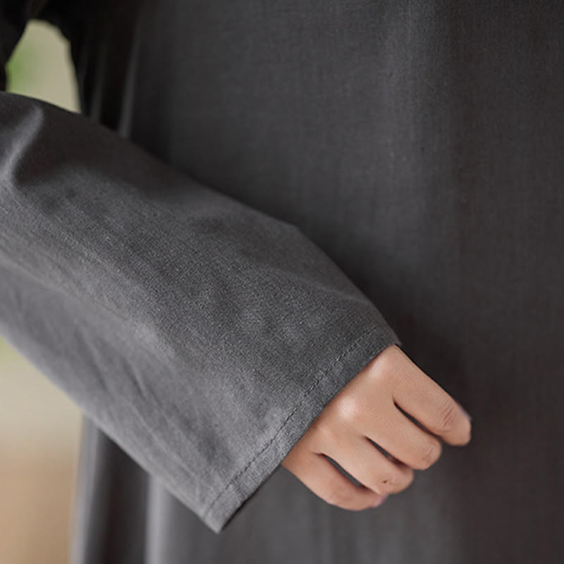 Buddha Stones Casual Plain Crew Neck Cotton Linen Midi Dress With Pockets - image 7