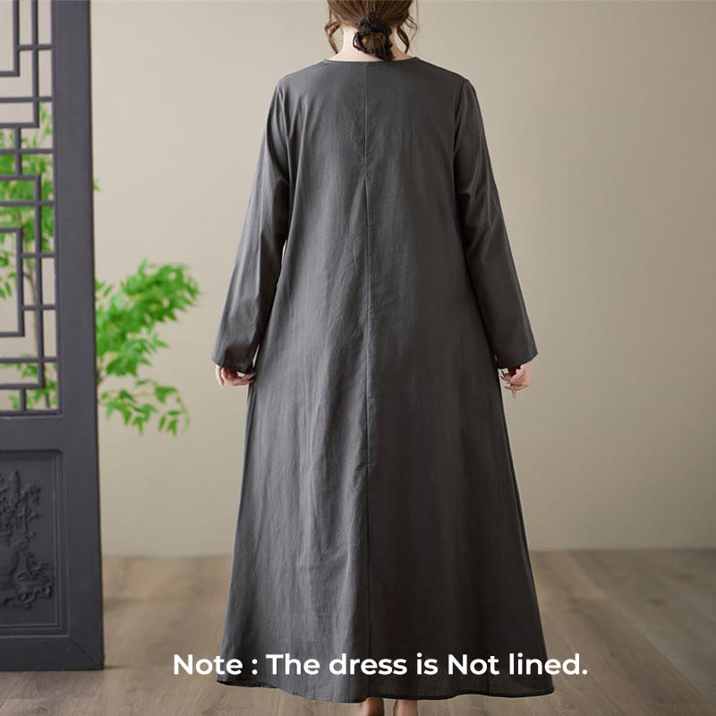 Buddha Stones Casual Plain Crew Neck Cotton Linen Midi Dress With Pockets - image 1