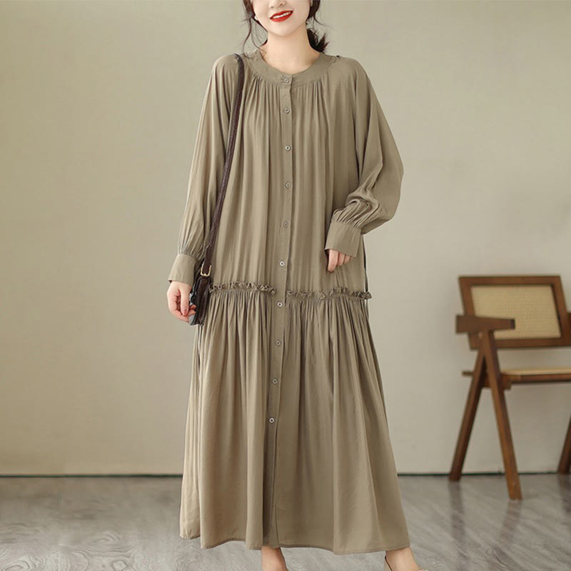 Buddha Stones Casual Plain Crew Neck Pleated Polyester Midi Dress With Pockets - image 2