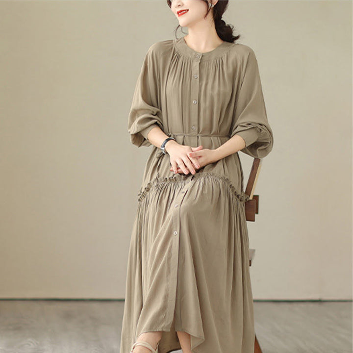 Buddha Stones Casual Plain Crew Neck Pleated Polyester Midi Dress With Pockets - image 4