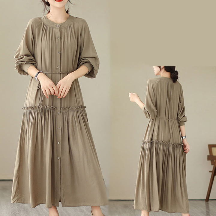 Buddha Stones Casual Plain Crew Neck Pleated Polyester Midi Dress With Pockets - image 6
