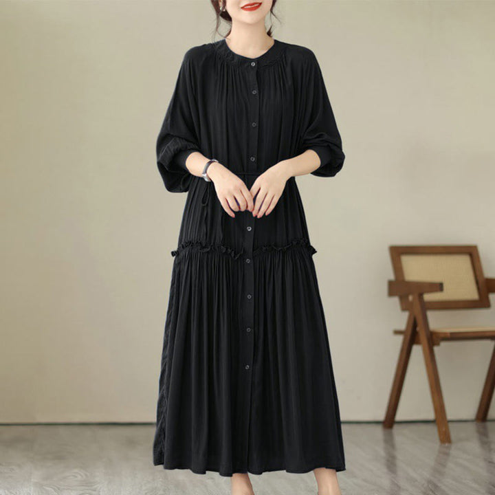 Buddha Stones Casual Plain Crew Neck Pleated Polyester Midi Dress With Pockets - Black - US4-6，UK/AU8-10，EU36-38 (F) - image 7