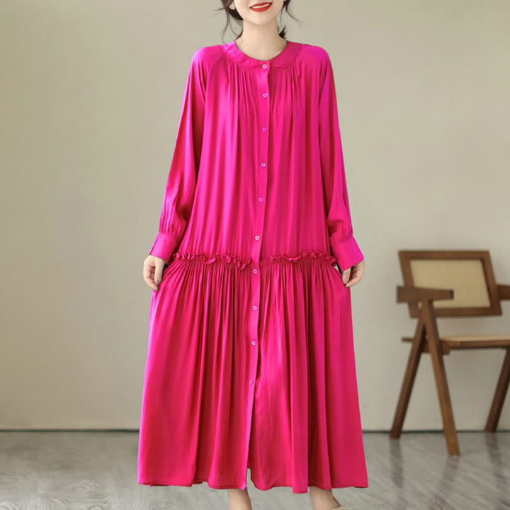 Buddha Stones Casual Plain Crew Neck Pleated Polyester Midi Dress With Pockets - DeepPink - US4-6，UK/AU8-10，EU36-38 (F) - image 9