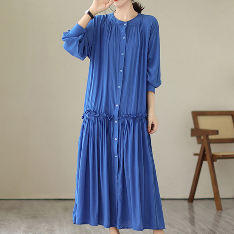 Buddha Stones Casual Plain Crew Neck Pleated Polyester Midi Dress With Pockets - image 16