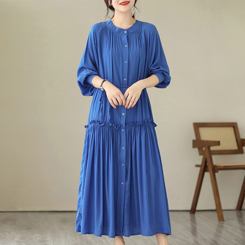 Buddha Stones Casual Plain Crew Neck Pleated Polyester Midi Dress With Pockets - RoyalBlue - US4-6，UK/AU8-10，EU36-38 (F) - image 11