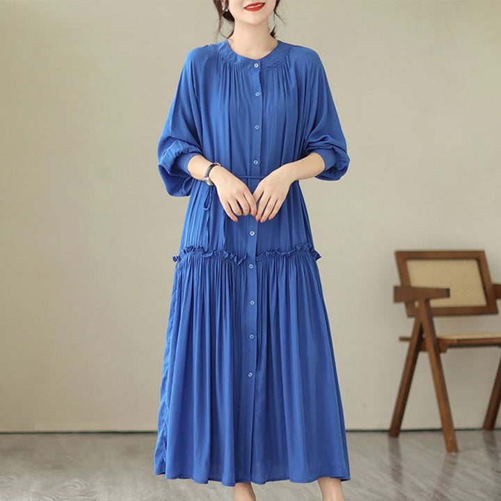 Buddha Stones Casual Plain Crew Neck Pleated Polyester Midi Dress With Pockets - RoyalBlue - US4-6，UK/AU8-10，EU36-38 (F) - image 11