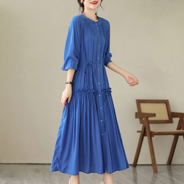 Buddha Stones Casual Plain Crew Neck Pleated Polyester Midi Dress With Pockets - image 13