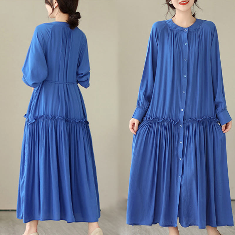 Buddha Stones Casual Plain Crew Neck Pleated Polyester Midi Dress With Pockets - image 16