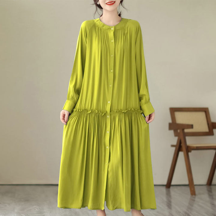 Buddha Stones Casual Plain Crew Neck Pleated Polyester Midi Dress With Pockets - YellowGreen - US4-6，UK/AU8-10，EU36-38 (F) - image 23
