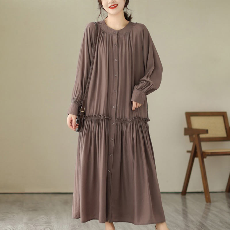 Buddha Stones Casual Plain Crew Neck Pleated Polyester Midi Dress With Pockets - Sienna - US4-6，UK/AU8-10，EU36-38 (F) - image 25