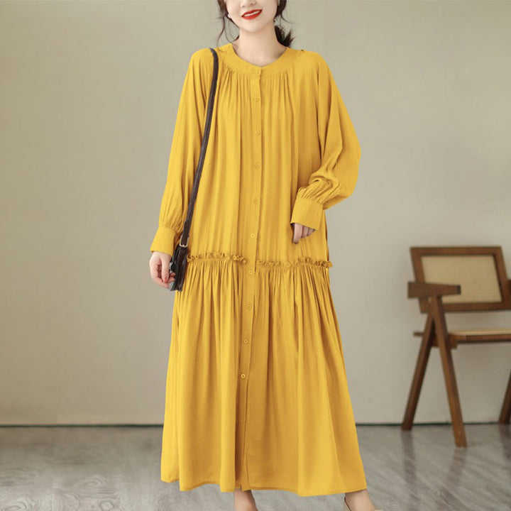 Buddha Stones Casual Plain Crew Neck Pleated Polyester Midi Dress With Pockets - Gold - US4-6，UK/AU8-10，EU36-38 (F) - image 28