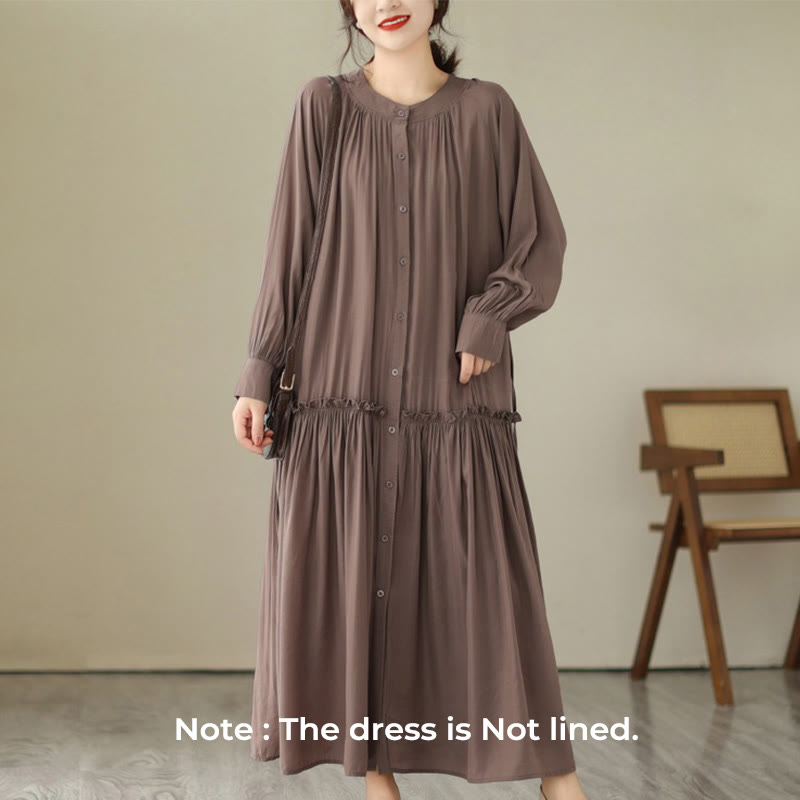 Buddha Stones Casual Plain Crew Neck Pleated Polyester Midi Dress With Pockets - image 27