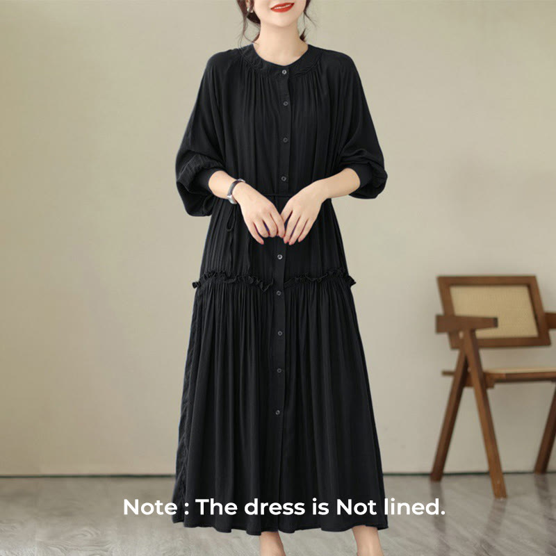 Buddha Stones Casual Plain Crew Neck Pleated Polyester Midi Dress With Pockets - image 8