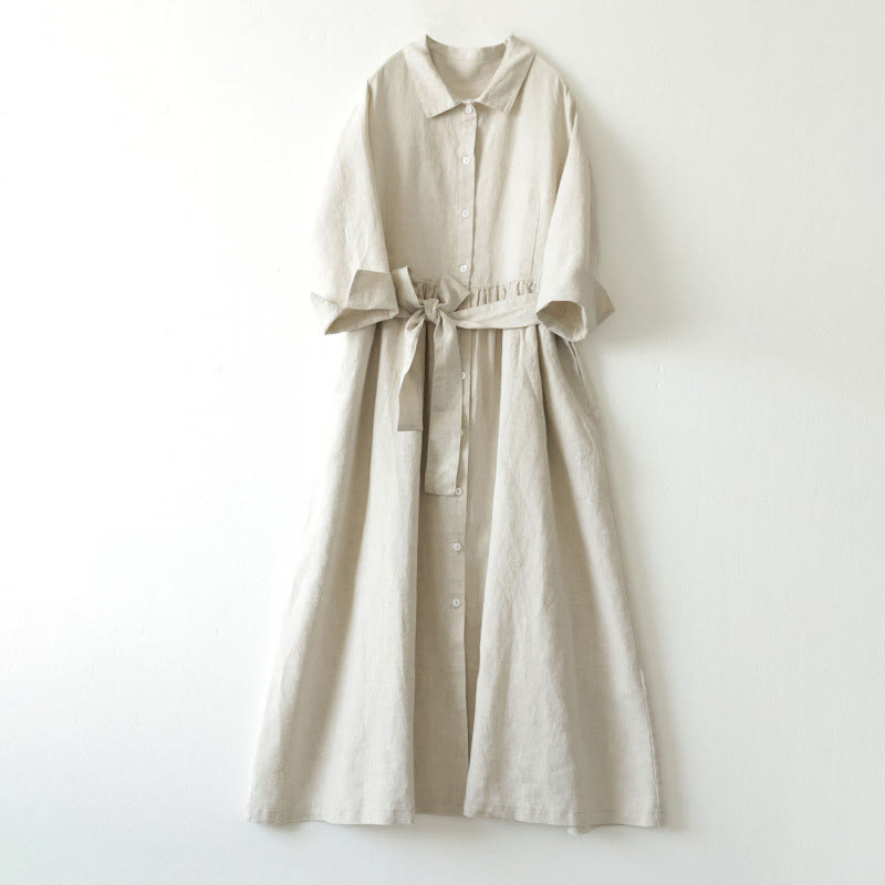 Buddha Stones Casual Plain Lace-up Stand Collar Linen Midi Dress With Pockets - Beige - US8-10，UK/AU12-14，EU40-42 (2XL) - image 9
