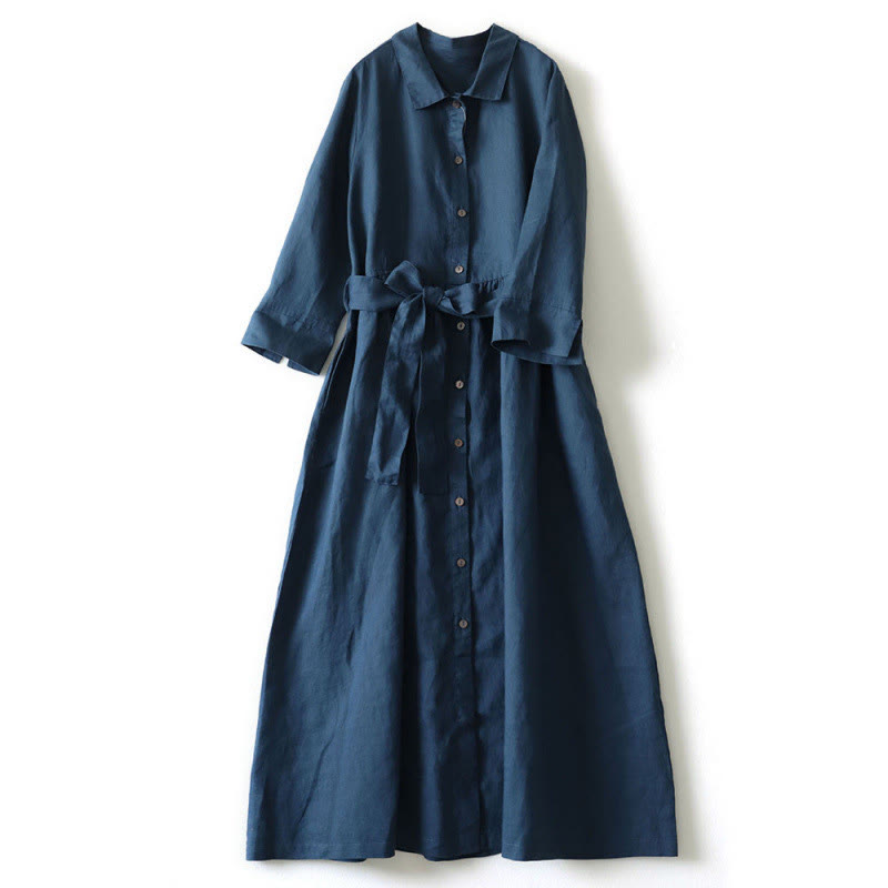 Buddha Stones Casual Plain Lace-up Stand Collar Linen Midi Dress With Pockets - DarkBlue - US8-10，UK/AU12-14，EU40-42 (2XL) - image 1