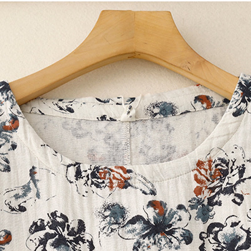 Buddha Stones Casual Small Floral Pattern Crew Neck Cotton Linen Midi Dress With Pockets - image 4