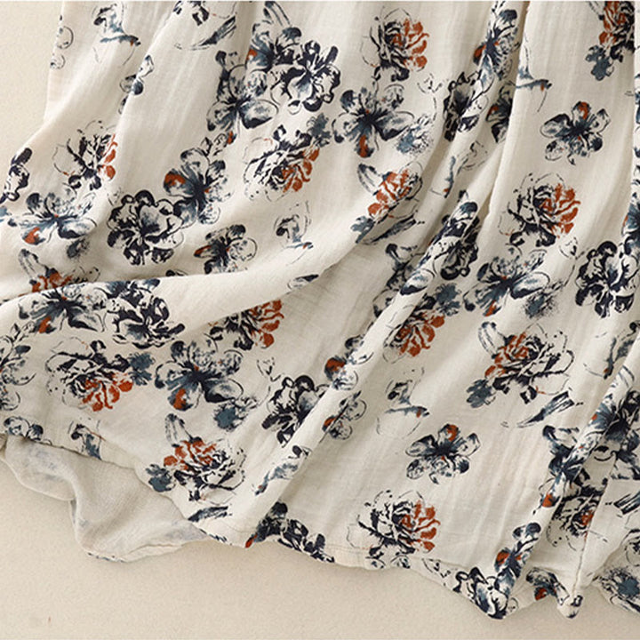 Buddha Stones Casual Small Floral Pattern Crew Neck Cotton Linen Midi Dress With Pockets - image 10