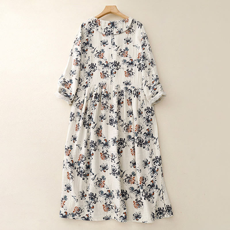 Buddha Stones Casual Small Floral Pattern Crew Neck Cotton Linen Midi Dress With Pockets - image 3