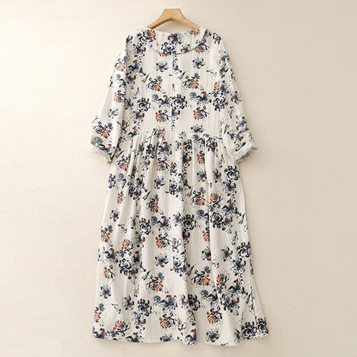 Buddha Stones Casual Small Floral Pattern Crew Neck Cotton Linen Midi Dress With Pockets - image 3