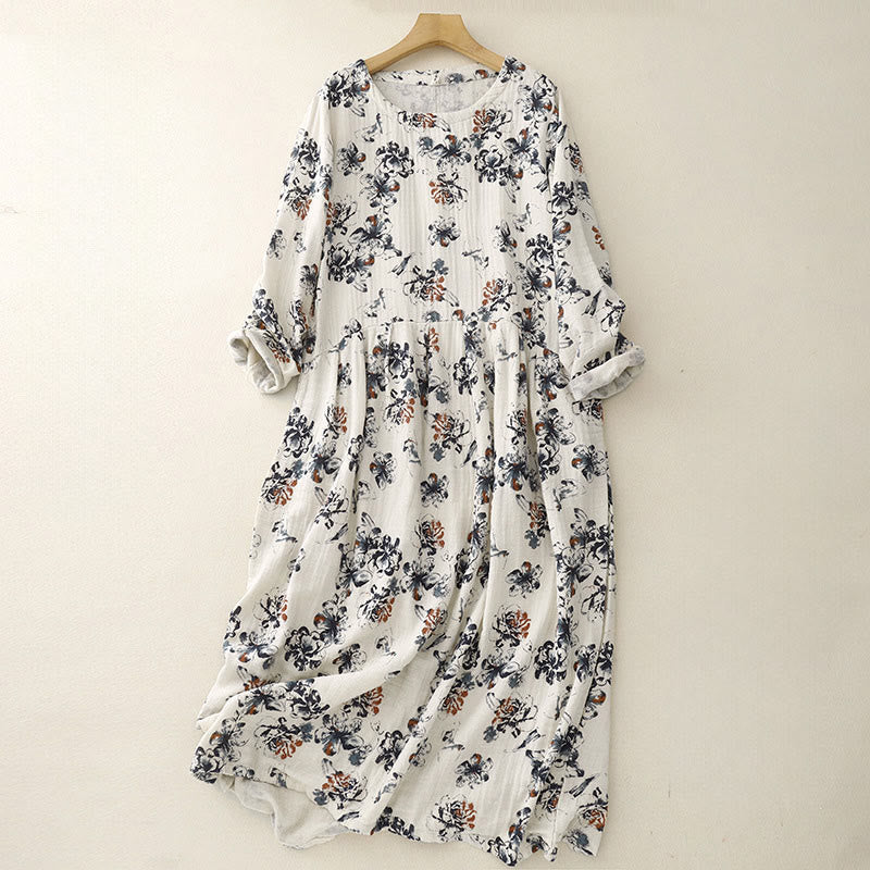 Buddha Stones Casual Small Floral Pattern Crew Neck Cotton Linen Midi Dress With Pockets - FloralWhite - US8-10，UK/AU12-14，EU40-42 (2XL) - image 1