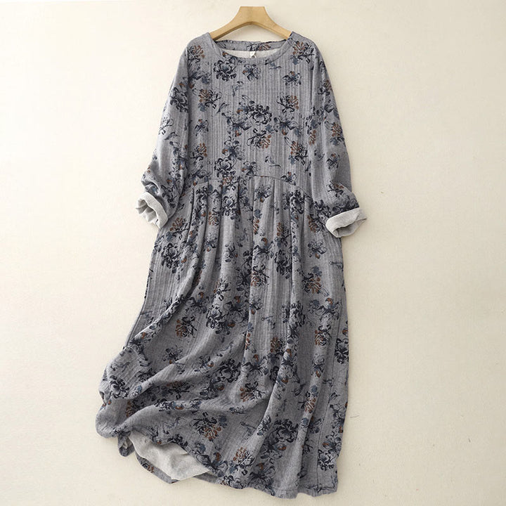 Buddha Stones Casual Small Floral Pattern Crew Neck Cotton Linen Midi Dress With Pockets - Gray - US8-10，UK/AU12-14，EU40-42 (2XL) - image 12
