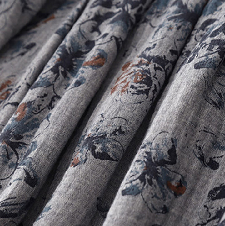 Buddha Stones Casual Small Floral Pattern Crew Neck Cotton Linen Midi Dress With Pockets - image 15