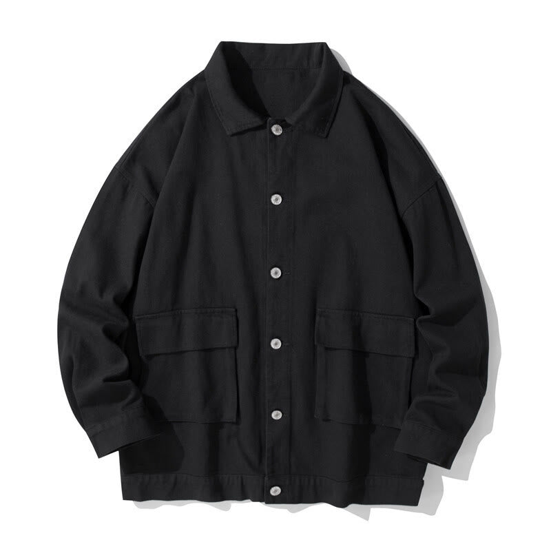 Buddha Stones Long Sleeve Button Stand Collar Design Men's Cotton Jacket Shirt With Pockets - Black - US/UK/AU50，EU60 (5XL) - image 0