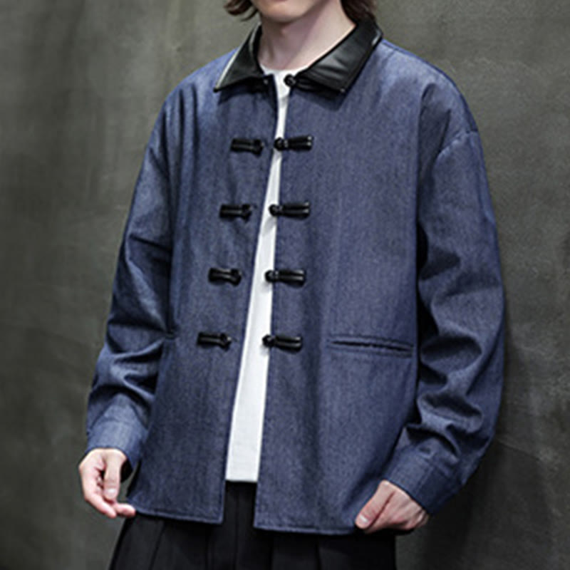 Buddha Stones Men's Frog-Button Cotton Long Sleeve Shirt With Pockets - MidnightBlue - US/UK/AU46，EU56 (5XL) - image 1