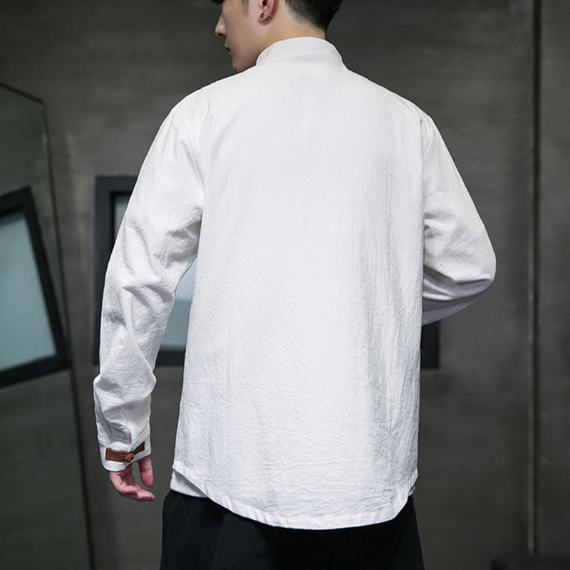 Buddha Stones Men's Stand Collar Frog-button Cotton Linen Long Sleeve Shirt With Pockets - image 4