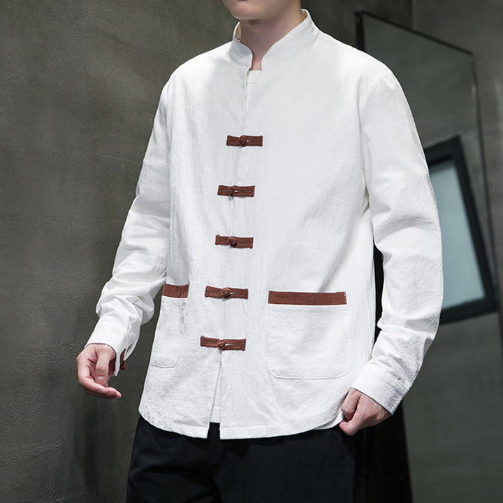 Buddha Stones Men's Stand Collar Frog-button Cotton Linen Long Sleeve Shirt With Pockets - image 3