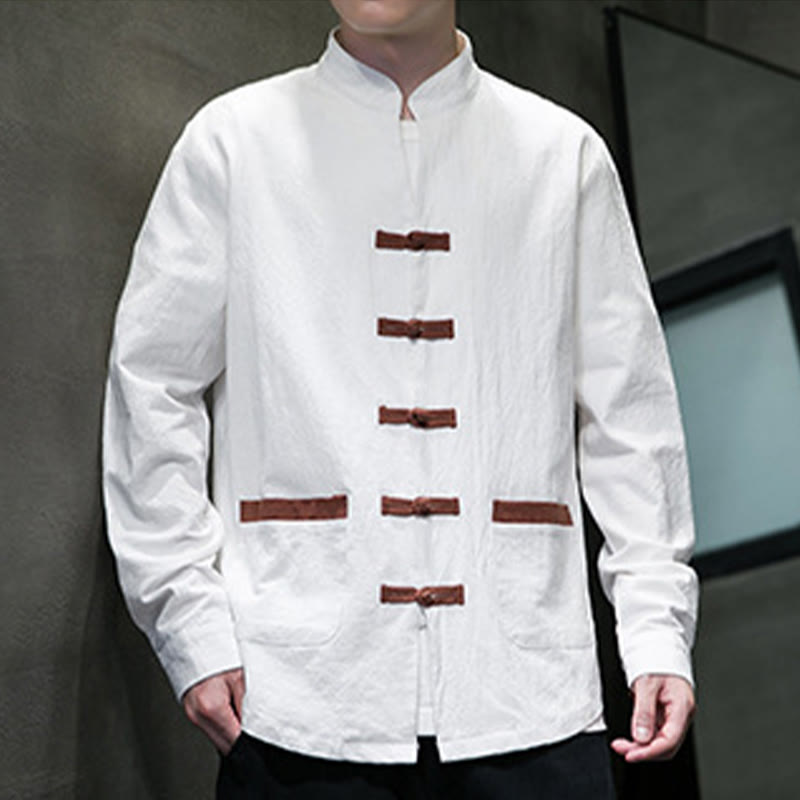 Buddha Stones Men's Stand Collar Frog-button Cotton Linen Long Sleeve Shirt With Pockets - image 5
