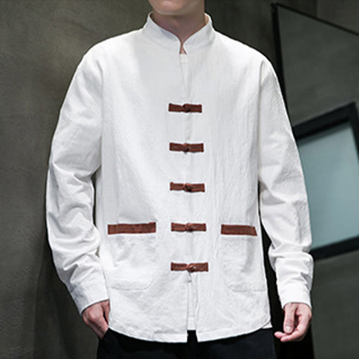 Buddha Stones Men's Stand Collar Frog-button Cotton Linen Long Sleeve Shirt With Pockets - image 5